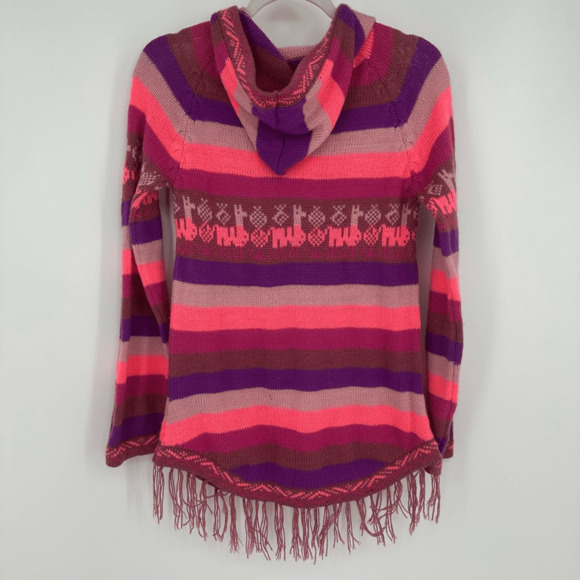 Alpaca Wool Youth XL Sweater Hooded Pink Striped Fringe Hem Pockets Made in Peru - Picture 3 of 12
